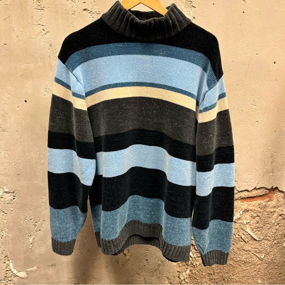 PJ Mark Vintage 90s Blue Chenille Knit Mock Neck Oversized Sweater Y2K Relaxed